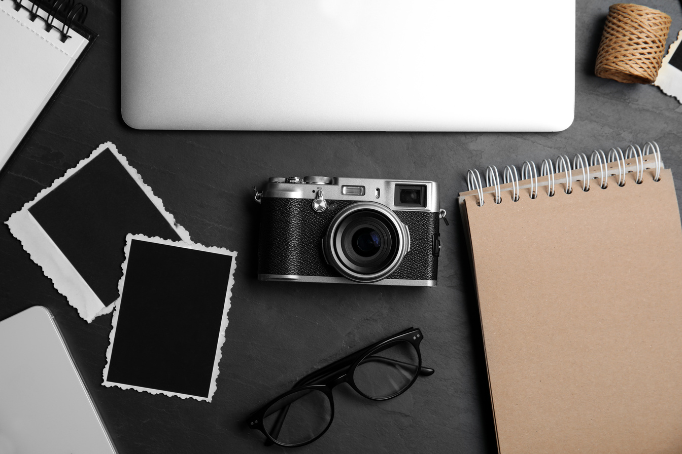 Workplace of Designer with Camera, Flat Lay